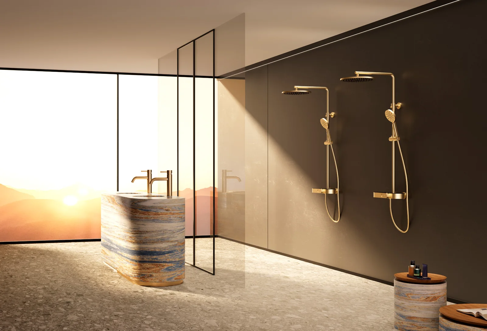 Thermostatic rain shower system with integrated shelf